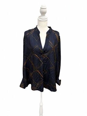 Banana Republic Navy Plaid Satin Blouse XL Oversized Long Sleeve Top